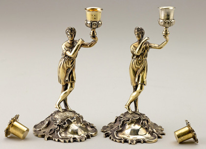 Fox Family Sterling Silver Gilt Figural Cast Candlesticks (Pair) - Charles Thomas Fox, George Fox